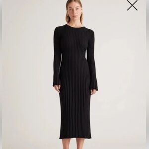 NWT Quince Black Cotton Cashmere Ribbed Long Sleeve Crew Midi Dress - M